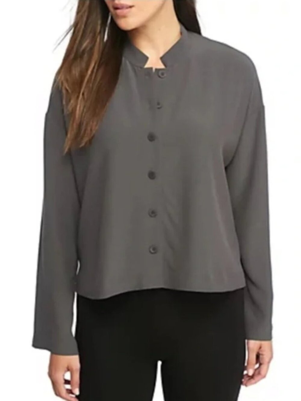 Eileen Fisher Women's 2X Mandarin Collar Boxy Button-Down Shirt Gray Crepe Boho